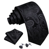 Business Black Silk Ties For Men Classic Solid High Quality Woven Pocket Square Cufflinks Sets Party Formal Designer Barry.Wang