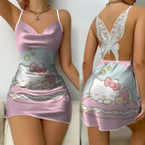 Mini Dress Pajama Skirt Hello Kitty Sexy Dresses Off Shoulder Bow Knot Satin Surface Womens Fashion Summer 2024 Short Party Lace