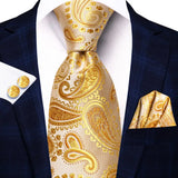 Hi-Tie Designer Gold Solid Silk Wedding Tie For Men Handky Cufflink Gift Men Necktie Fashion Business Party Dropshiping