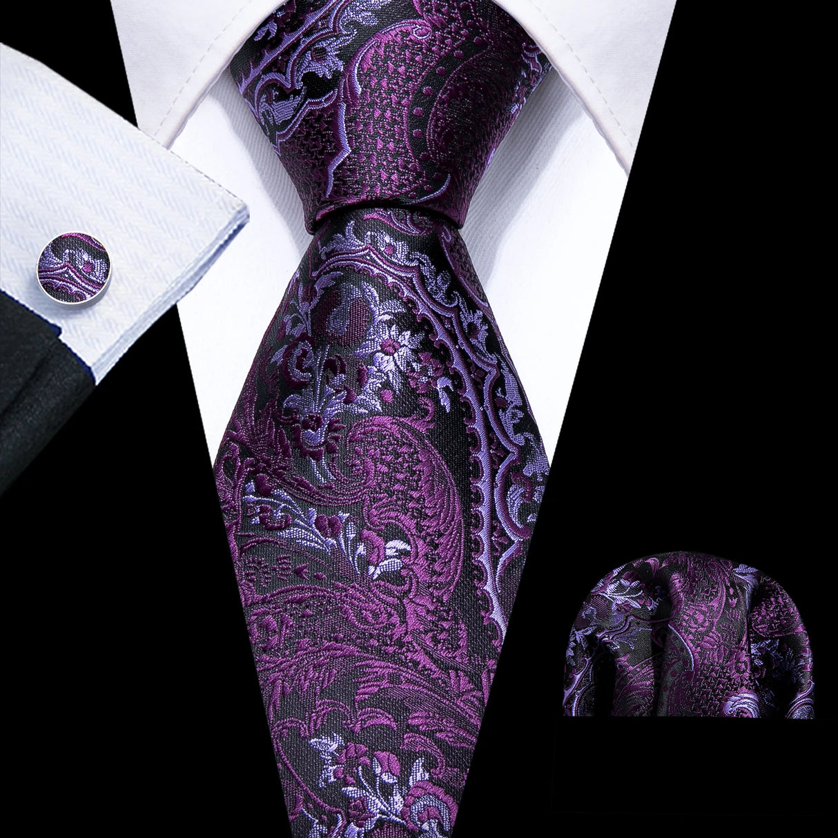 Male Gift Silk Men Tie Set Purple Violet Solid Paisley Striped Wedding Business Tie for Man Necktie Handky Cufflinks Barry.Wang