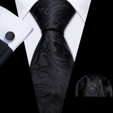 Business Black Silk Ties For Men Classic Solid High Quality Woven Pocket Square Cufflinks Sets Party Formal Designer Barry.Wang