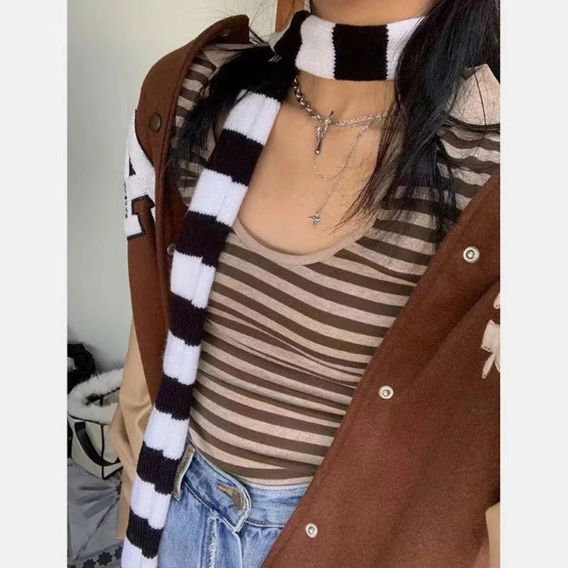 Women Skinny Scarf Thin Stripes Belt Long Tie Scarf Bag Handle Wrap Choker Subculture Scarf for Y2K