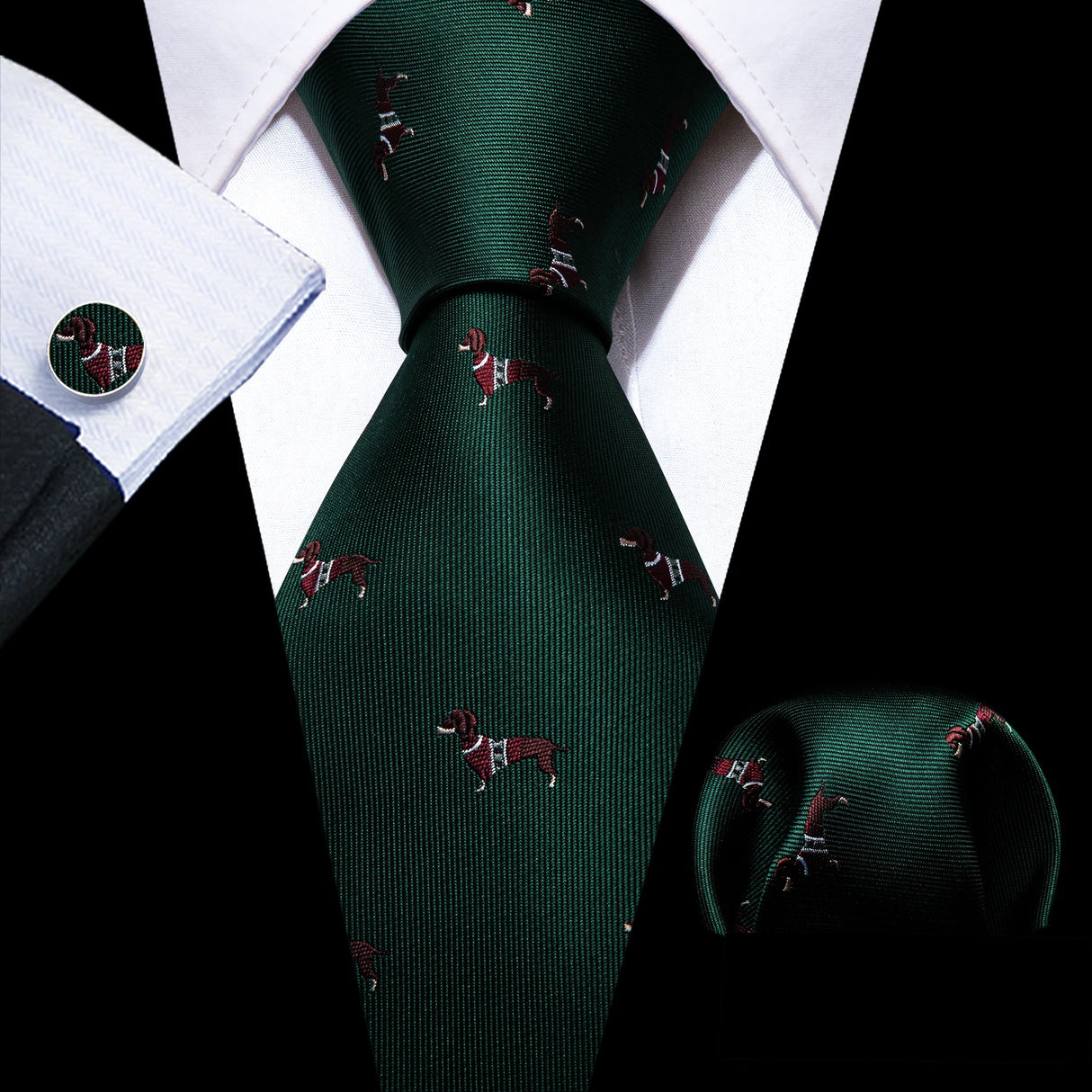 Luxury Silk Mens Ties Set Black Green Leaves Floral Neck Tie Handkerchief Cufflinks Set Wedding Business Party Barry·Wang 5938