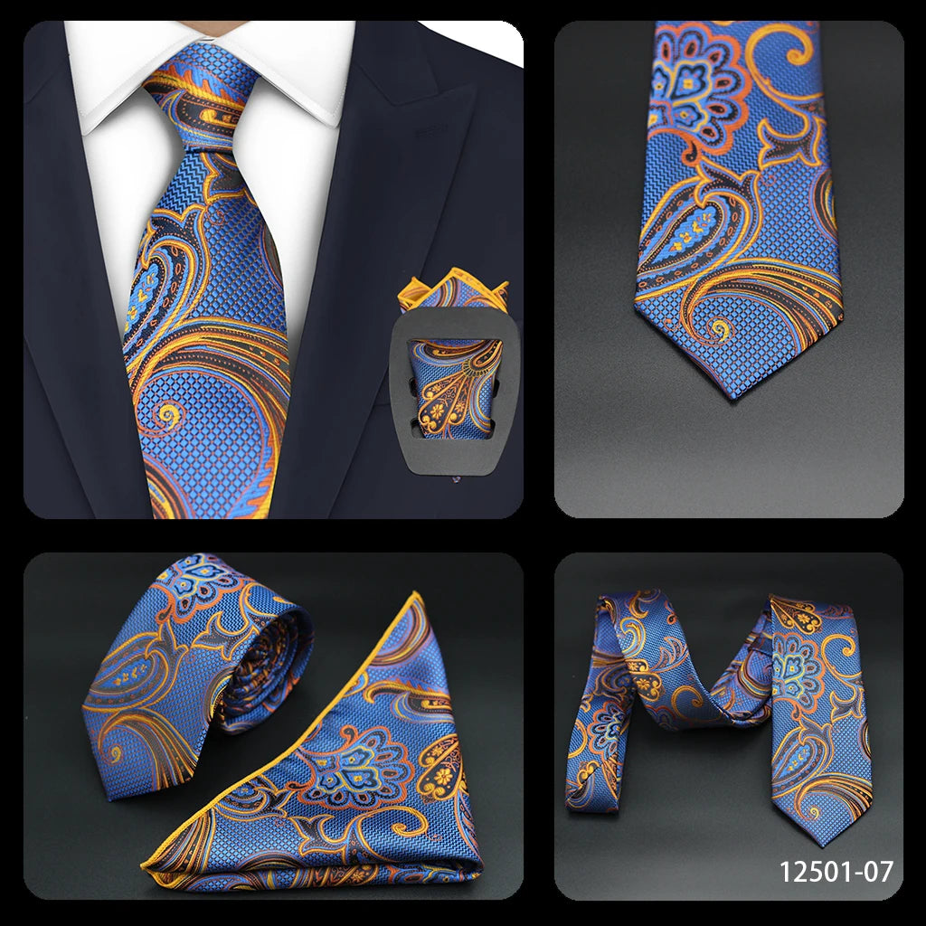 Luxury 7CM Mens Necktie Paisley Ties For Man Groomsman Jacquard Woven Gold Orange Color Neck Tie Business Party