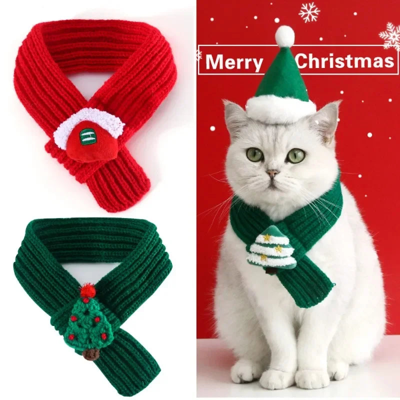 Solid colour wool knitted Christmas snow house tree old man plush warm pet cat dog scarf collar pet decorations pet supplies