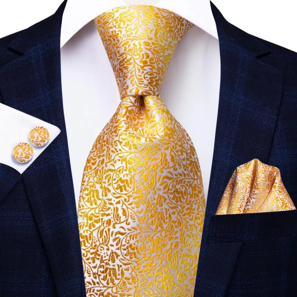 2022 New Design Yellow Gold Paisley Fashion Brand Tie for Men Wedding Party Necktie Handky Cufflinks Gift Wholesale Hi-Tie