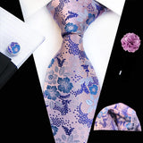 Floral Pink Silk Ties Set For Men Wedding Party Neck Tie Set Handkerchief Brooch Cufflinks Men Accessories High Quality Gravata