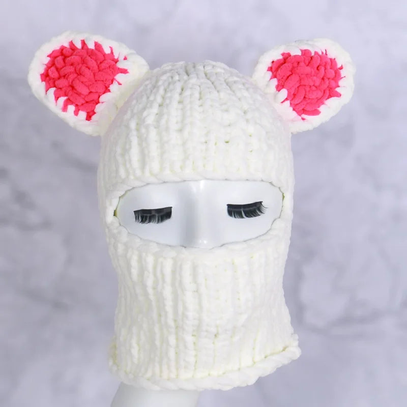 Combhasaki Women's Y2K Hooded Scarf Hats Cute Animal Ears Knitted Pullover Balaclava Winter Warm Beanie Cap for Cold Weather