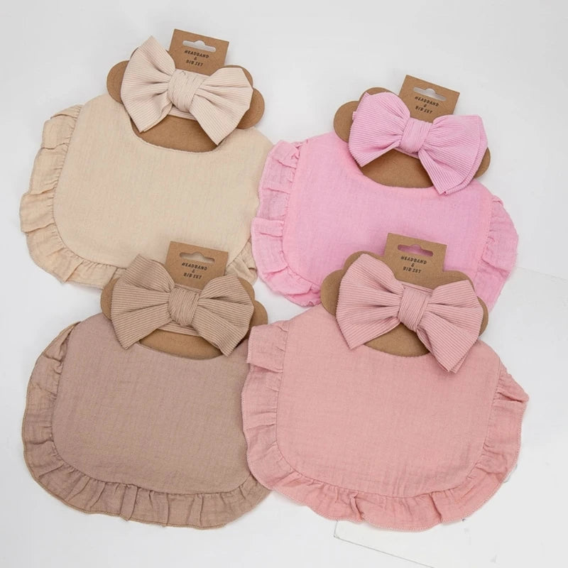 2Pcs/Set Muslin Cotton Ruffled Baby Bibs Hair Bows Girls Headbands Solid Colour Newborn Saliva Towel Feeding Burp Cloths Scarf