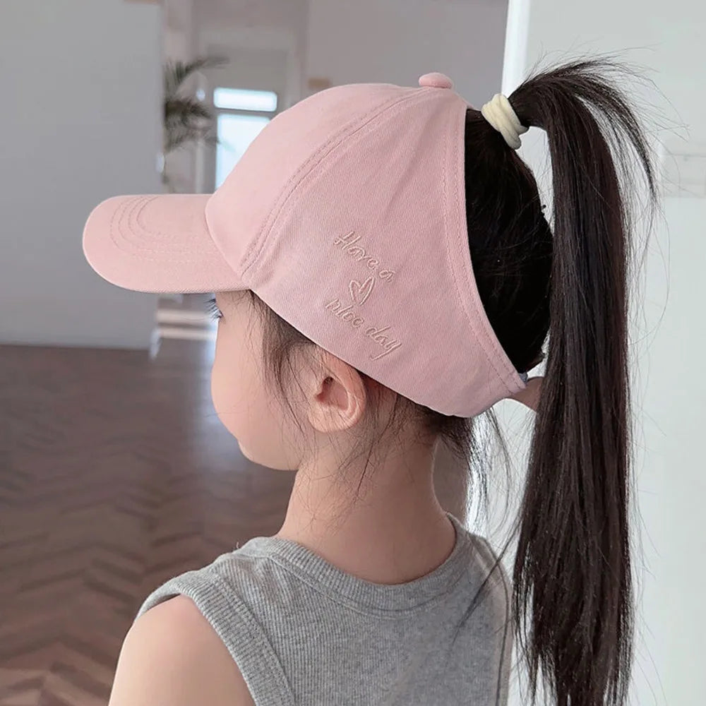 Love Heart Kids Baseball Caps Adjustable Large Brim Sun Hat Solid Color Hollow High Ponytail Caps for Boys Girls