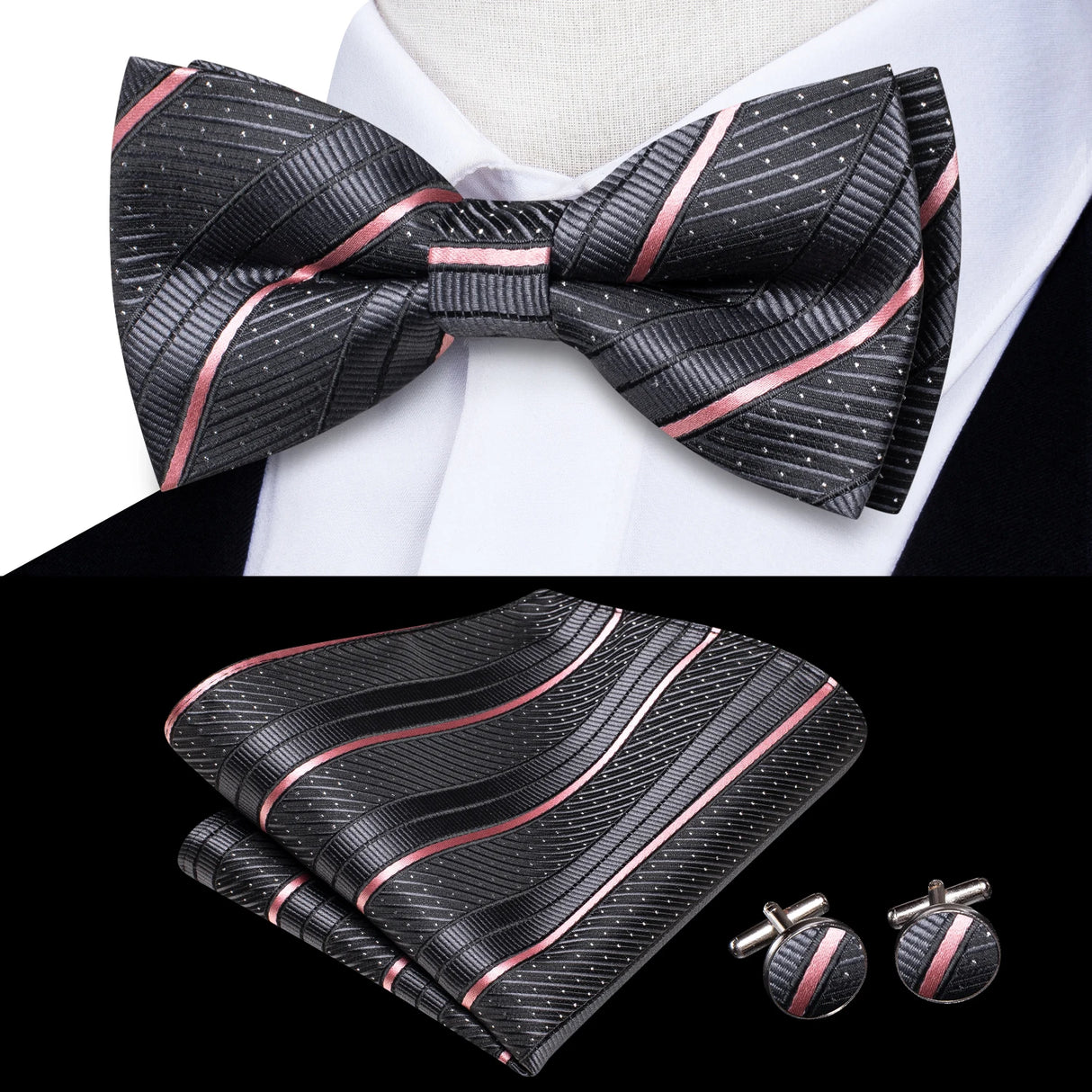 Dropshipping Solid Silk Mens Bow Tie Hanky Cufflinks Set Pre-tied Butterfly Knot Bowtie Wholesale for Male Wedding Business