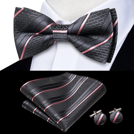 Hi-Tie Black White Silver Grey Brown Silk Mens Bow Tie Hankerchief Cufflinks Set Pre-tied Butterfly Knot Adjustable Bowtie Male