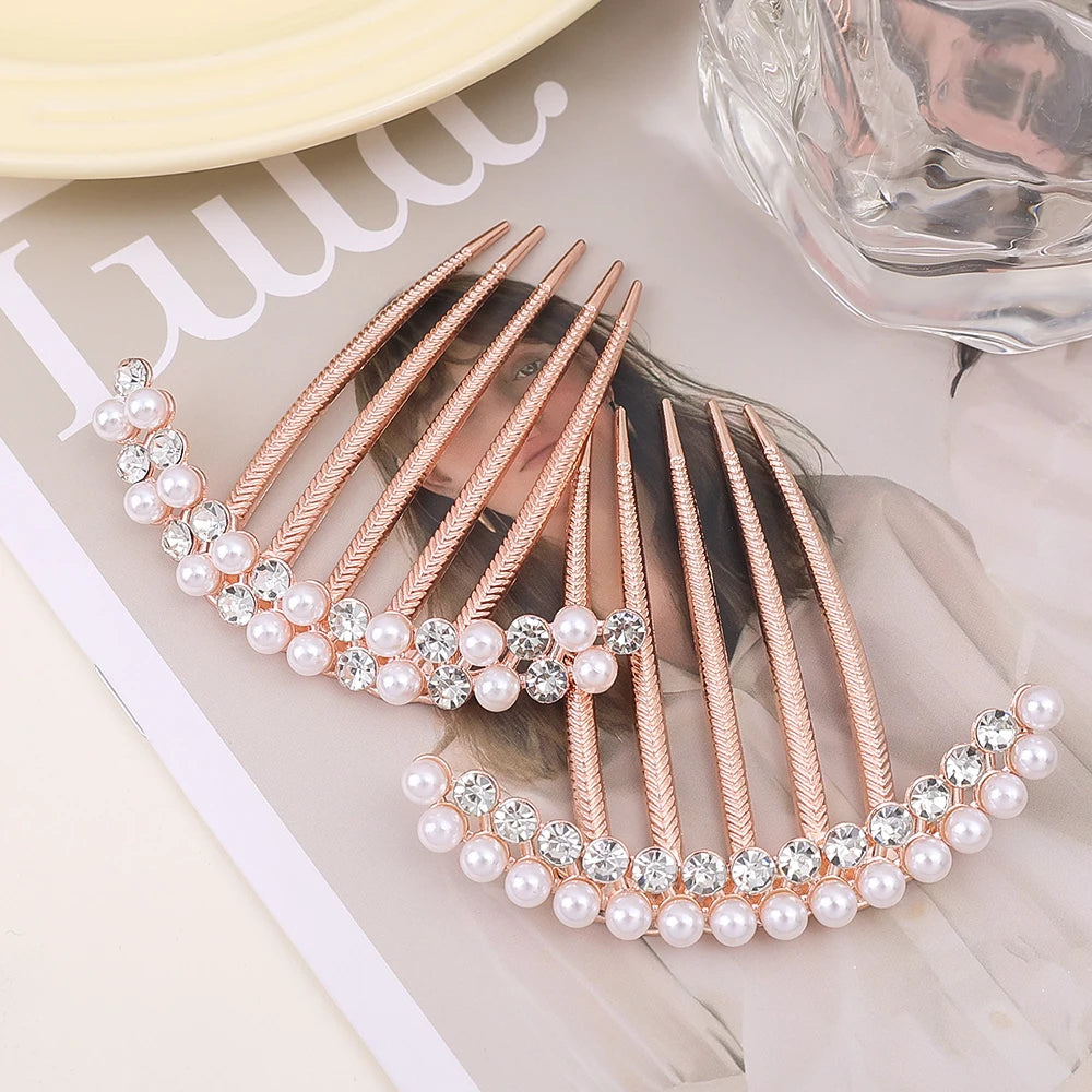 Elegant Pearl Hair Combs Hairpin Women Luxury Crystal Bun Decor Wedding Bridal Hair Claw Clips Hair Jewelry Accessories