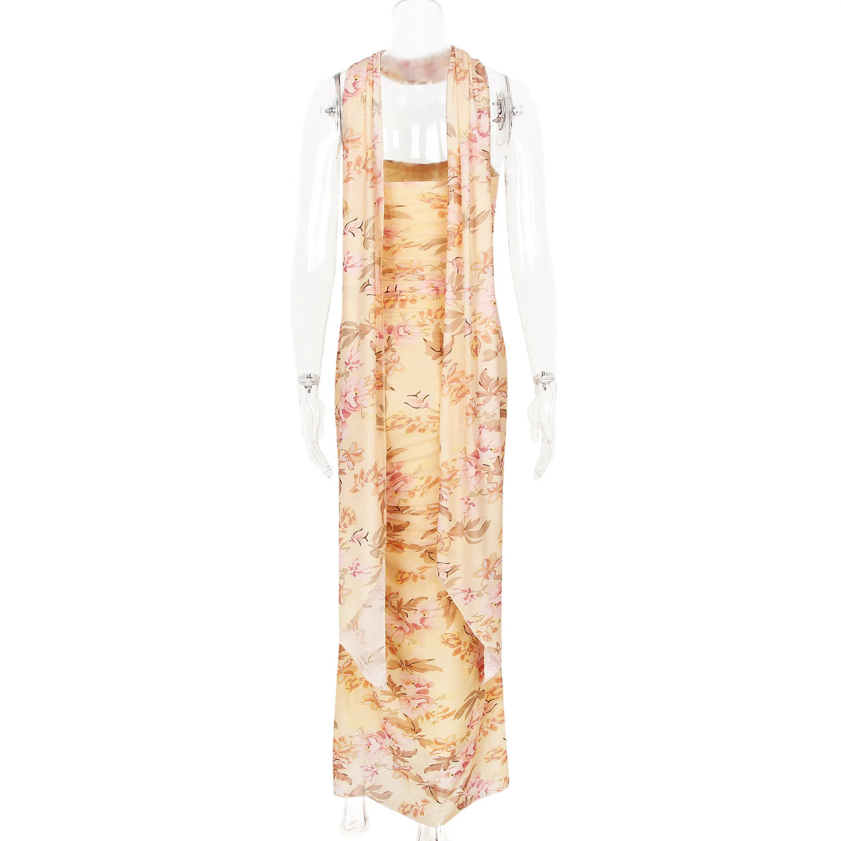 Suninheart Elegant 2 Pieces Dress Set with Scarf Women Fashion Matching Sets Sexy Cropped Top and Long Dress Set Casual Dress