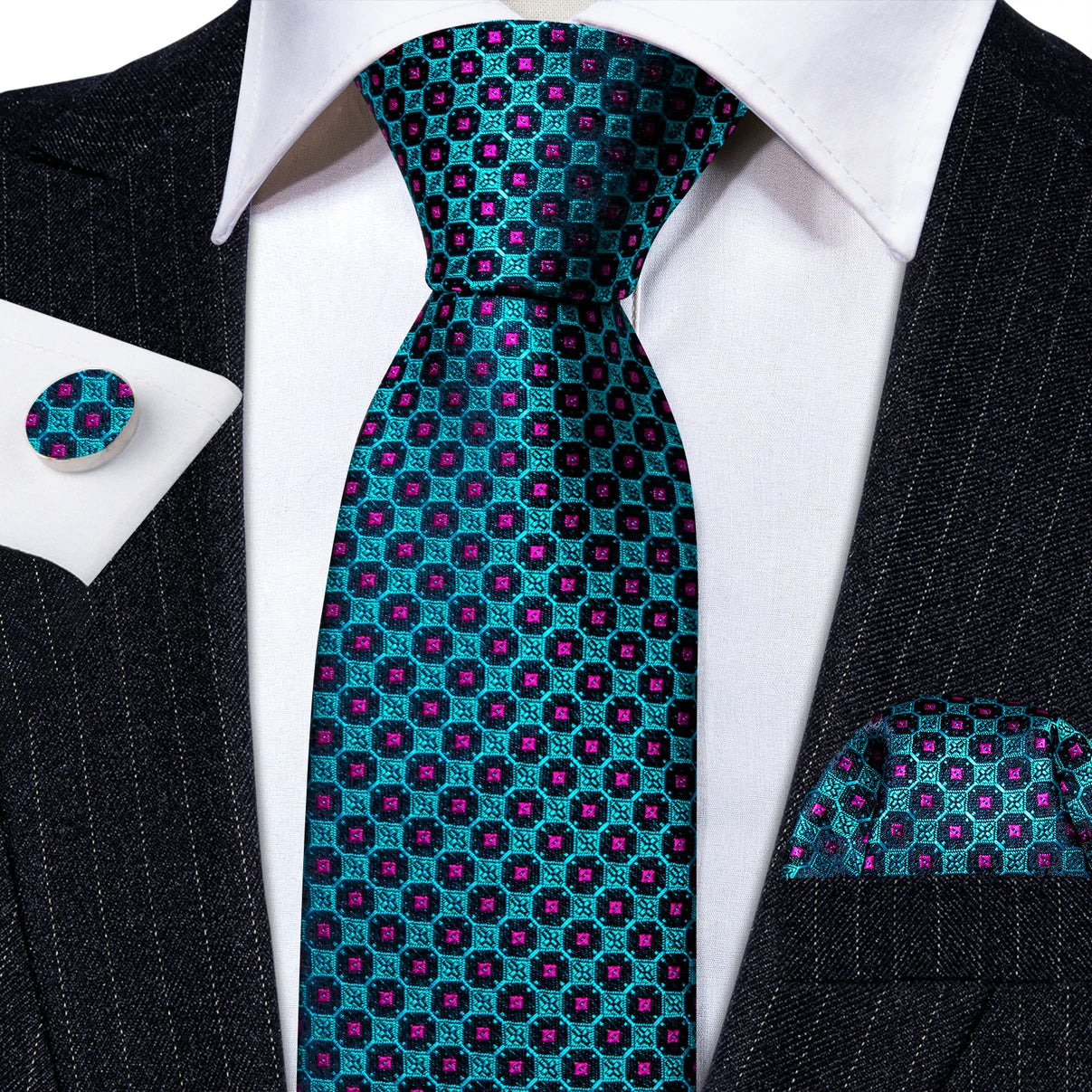 Novelty Teal Dots Tie For Men Fashion Trend Neck-Tie Woven Pocket Square Cufflinks Set Party Business Designer Barry.Wang FA-635