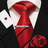 KAMBERFT New Classic Silk Men's Tie Red Gold Striped Men's Tie Handkerchief Cufflinks Set Wedding Business Party Gravatas