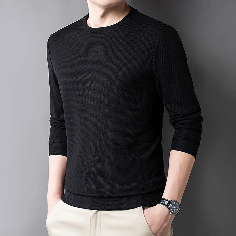 2024 Men's Casual Fashion Long Sleeved Round Neck T-shirt Waffle Comfortable Top
