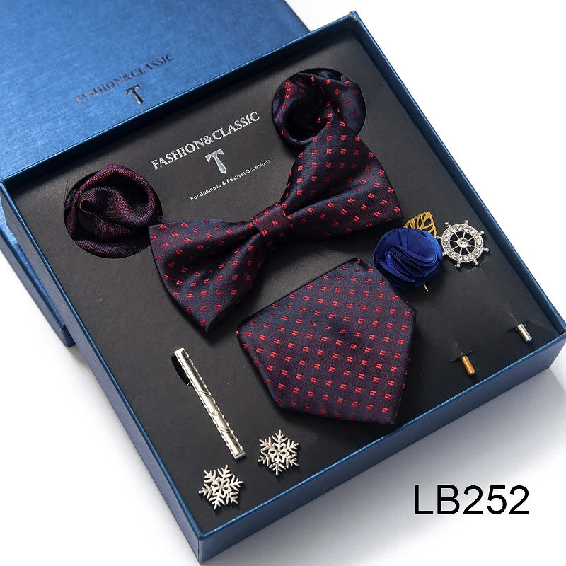 Brand Newest Design Silk Tie Set Handkerchief Pocket Squares Cufflink Bow Tie Clip Necktie Set Bussiness Wedding Suit Gift Box