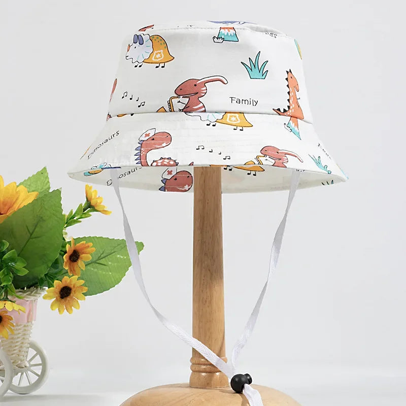 Cute Cartoon Printing Bucket Baby Hat Cotton Breathable Kids Fisherman Hat Infant Toddle Sun Hat with Drawstring for 1-5 Years
