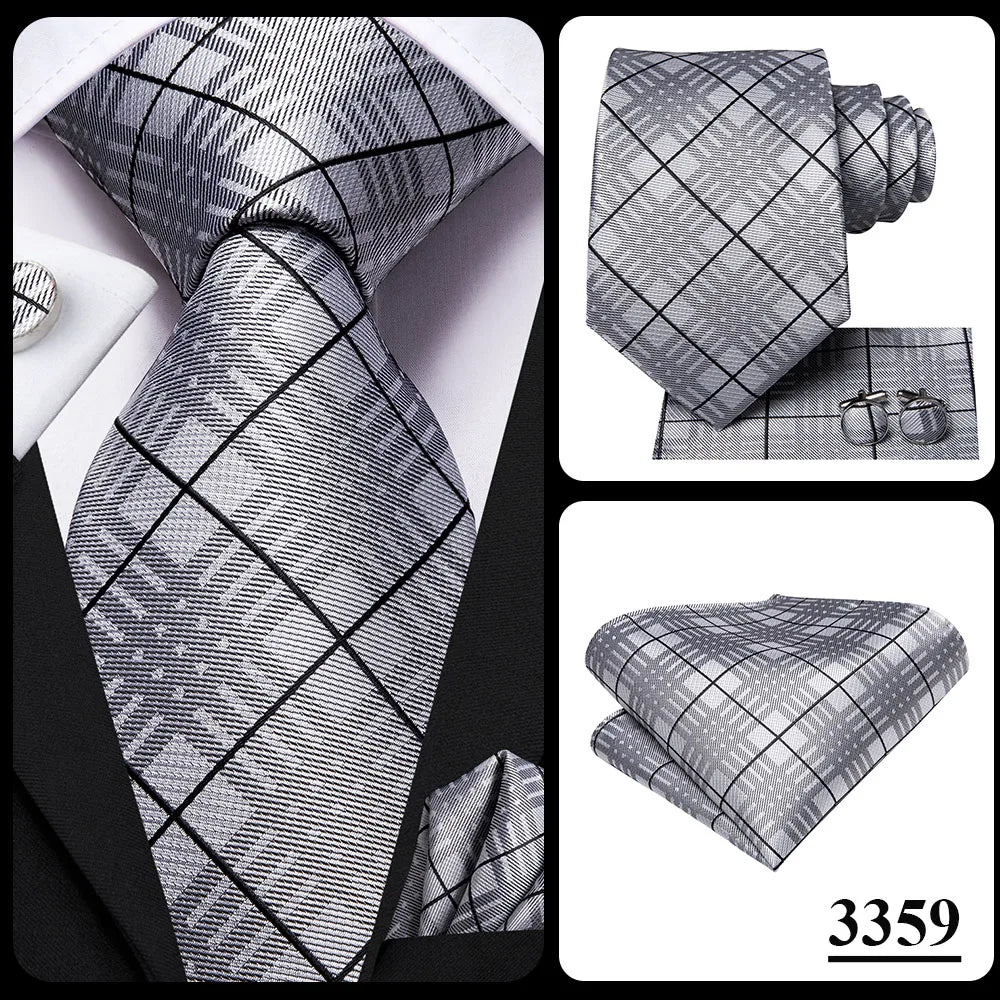 Hi-Tie Designer Grey Plaid Novelty Silk Wedding Tie For Men Handky Cufflink Gift Mens Necktie Fashion Business Party Dropshiping