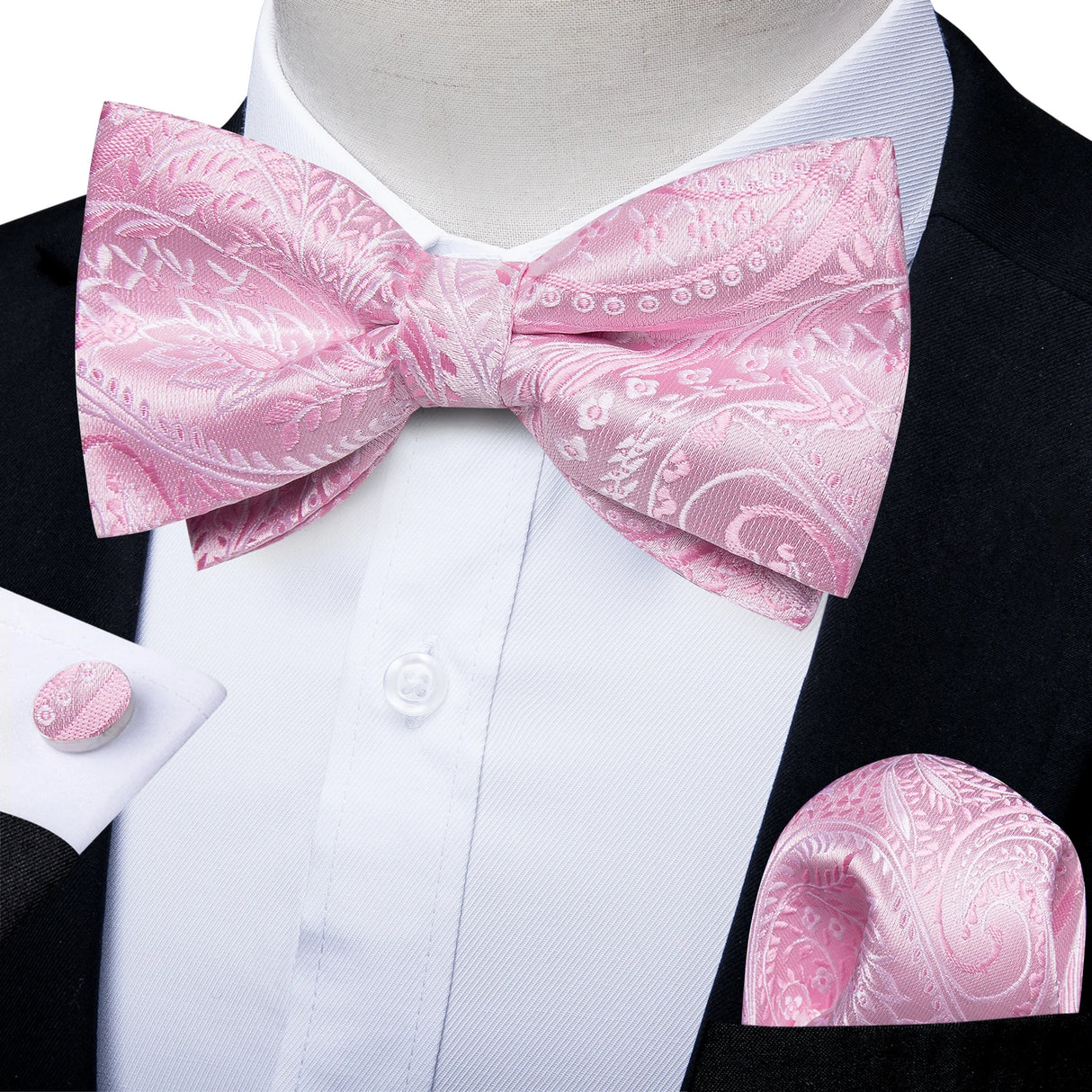 Classic Black Men Bow Ties 100% Silk Bowties Butterfly Pocket Square Cufflinks Set Suit Paisley Gold Pre-Tied Bow Tie DiBanGu