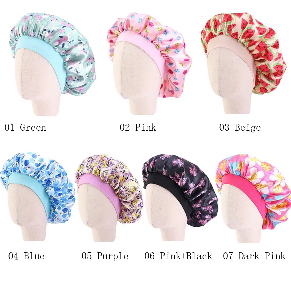 Kids Girls Sleep Cap Floral Print Hair Bonnet Satin Night Sleep Hat Turban Sleeping Hat Children Hair Care Bonnet Nightcap Caps