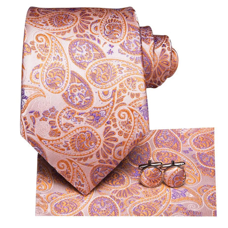 Hi-Tie Designer Orange Silver Paisley Silk Wedding Tie For Men Quality Hanky Cufflink Fashion Nicktie Business Party Dropshiping