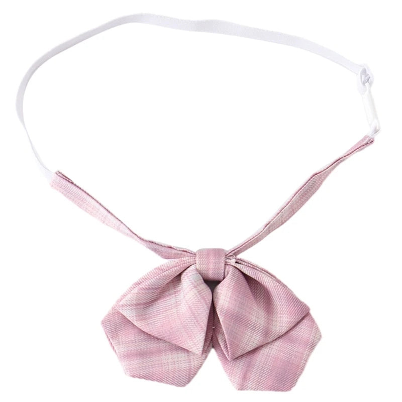 Adjusted Pre-Tied Necktie Elegant Pink Checkered Neck Tie Japanese JK Cosplay Bowtie Bowknot for School Uniform Neckwear