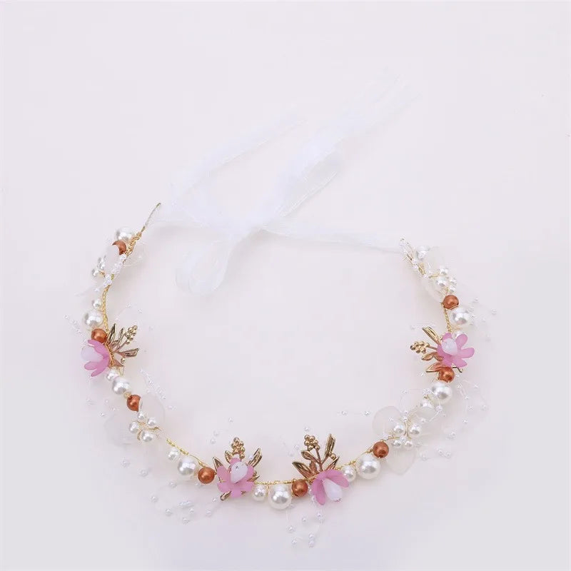 Spring Bohemian Girls Bridal Pearl Hair Headdress Flower Wreath Bride Garland Head Hoop Headbands Hair Jewelry Children Gifts