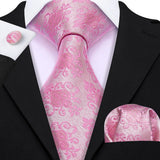 Barry.Wang Pink Silk Mens Tie Hanky Cufflinks Set Peach Salmon Rouge Rose Jacquard Necktie For Male Wedding Party Business Event