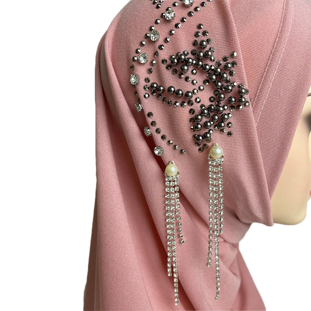 Muslim Women Shawl Temperament Solid Colour Diamonds Tassel Simple Hijab Scarf Women's Headscarf Floral Pattern Bottoming Cap