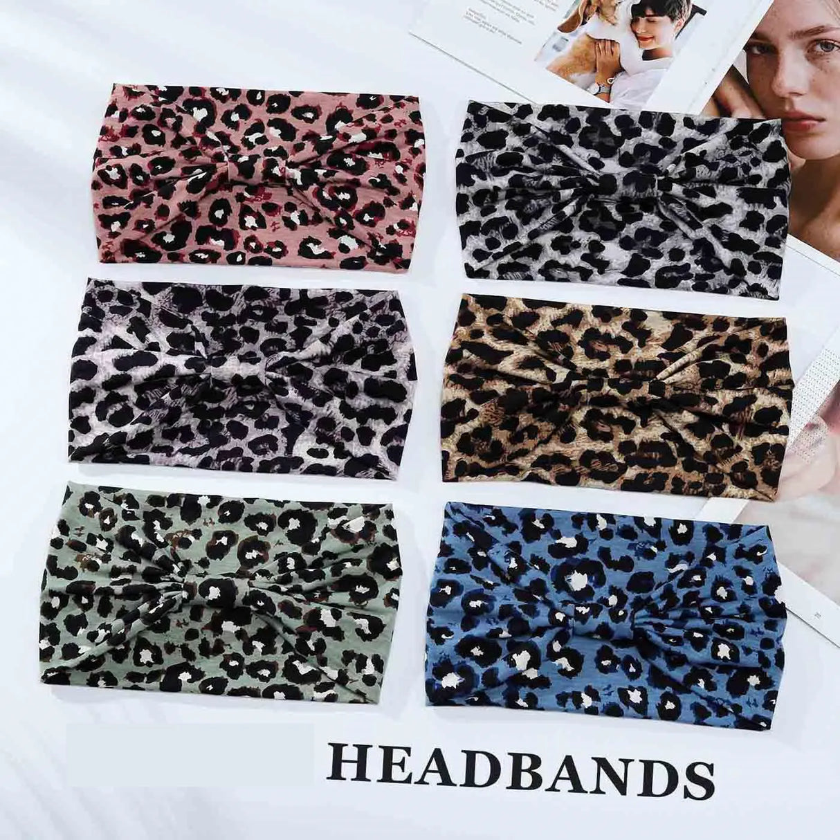 Leopard Print Headbands for Women Wide Boho Turban Head Wraps Cotton Knotted Elastic Hairbands Non Slip Workout Hair Accessories
