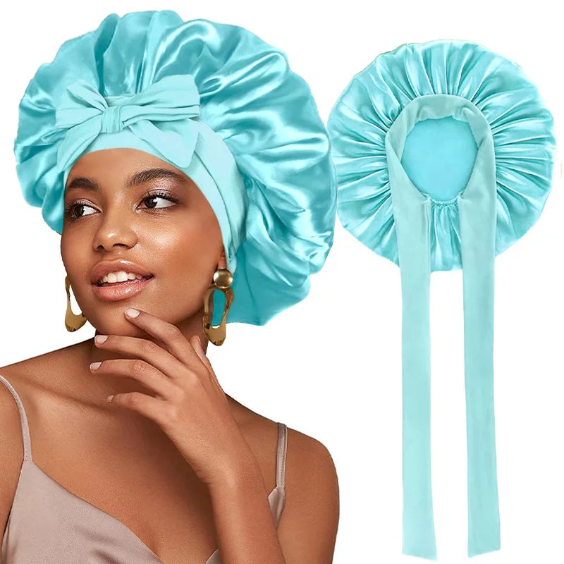 New Women Satin Bonnet Silky Sleep Cap Curly Hair Wrap For Sleeping Cap Adjustable Bonnets With Tie Band Nightcap Hair Care Cap