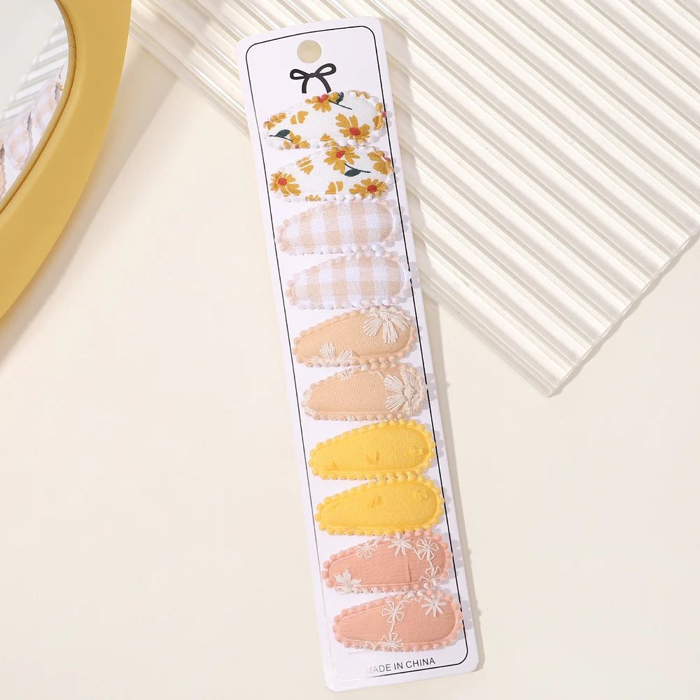 10Pcs/set 2.2'' Printed Embroidery Waterdrop Shape Hair Clips For Cute Girls BB Hairpin Barrettes Headwear Kids Hair Accessories