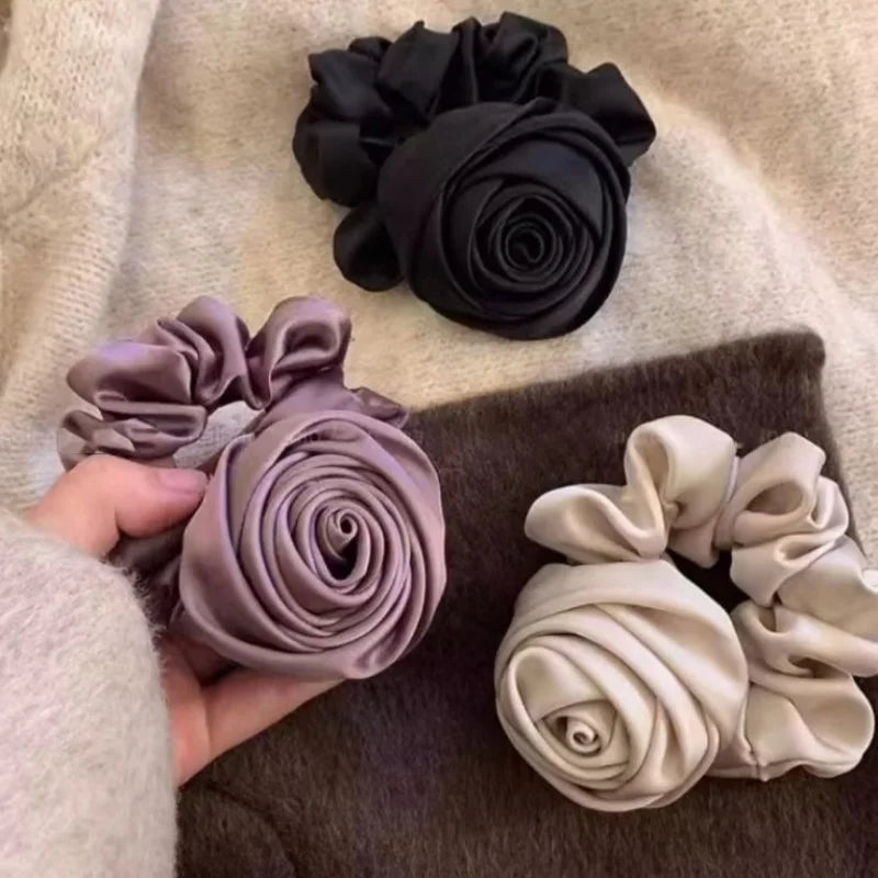 SIMPLEJEWEL™Handmade Rose Flower Elastics Hair Scrunchies, Ties  Satin Scrunchies Hair Band Ponytail Holder Band Scrunchies Ring