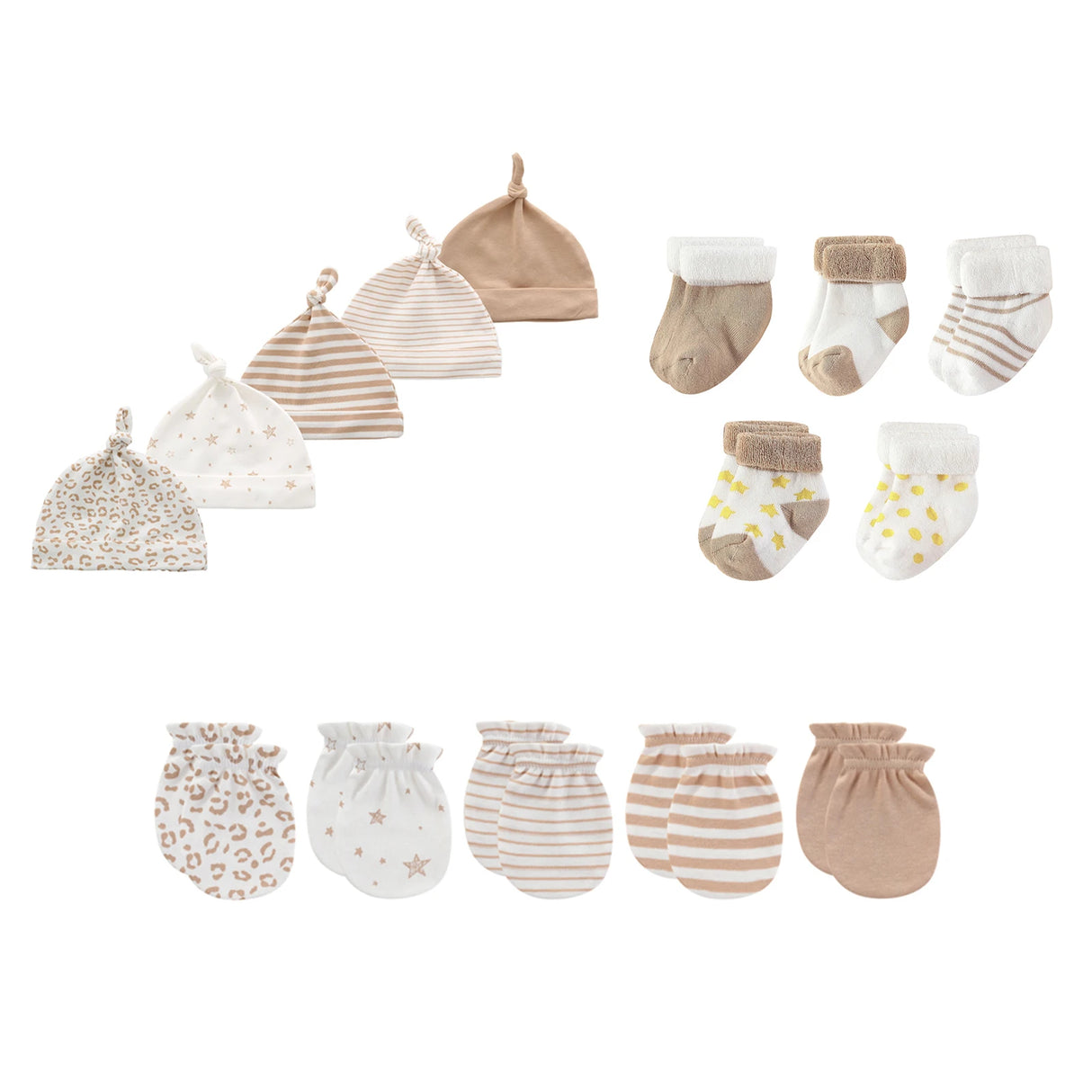 15Pieces New Born Gloves+Hats+Socks Sets Cartoon 100%Cotton Baby Boy Girl Headwear 0-12M Solid Color Infant Supplies Accessories