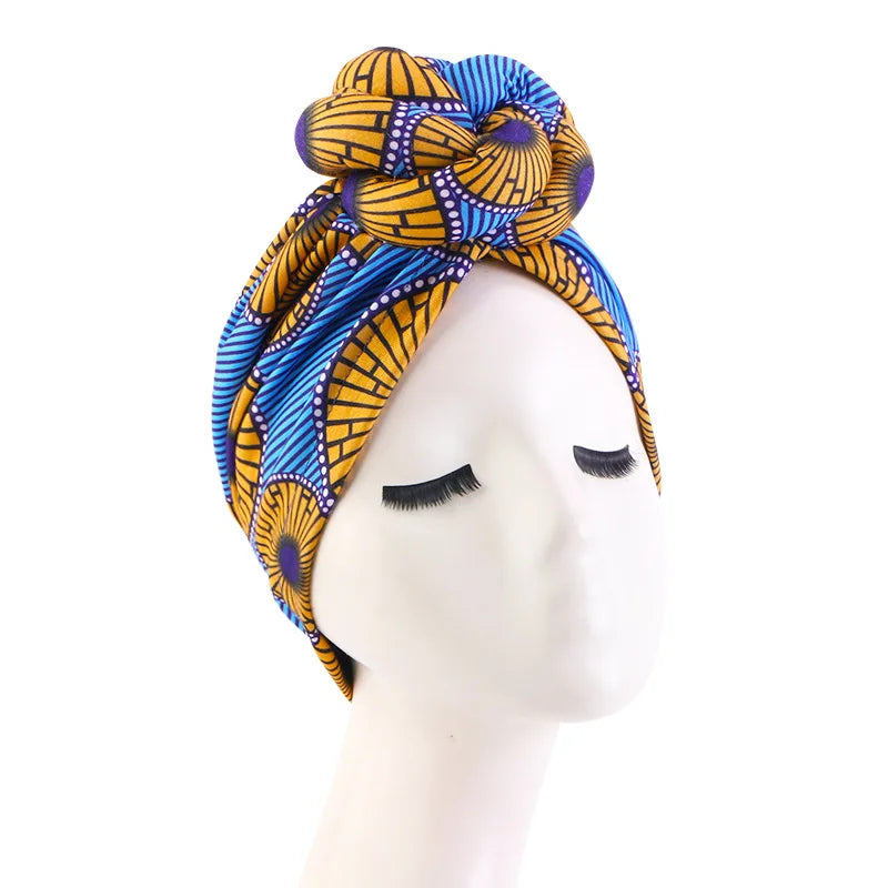 African Print Turban for Women New Fashion Pre-Made Top Knot Head Wraps Flower Stretch Hijab Ladies Party Wedding Headdress