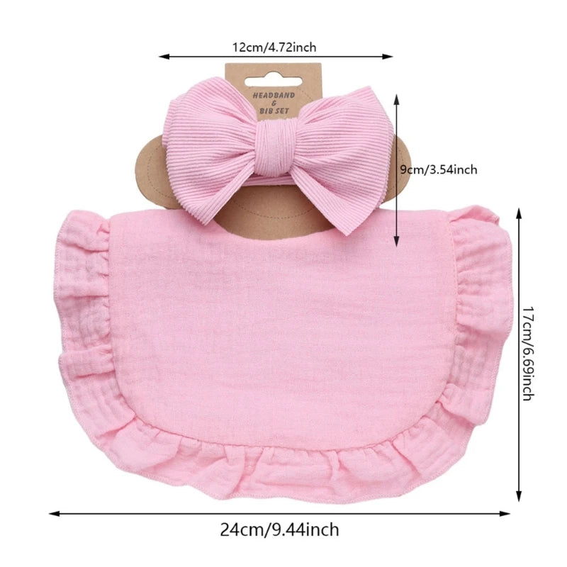 2Pcs/Set Muslin Cotton Ruffled Baby Bibs Hair Bows Girls Headbands Solid Colour Newborn Saliva Towel Feeding Burp Cloths Scarf