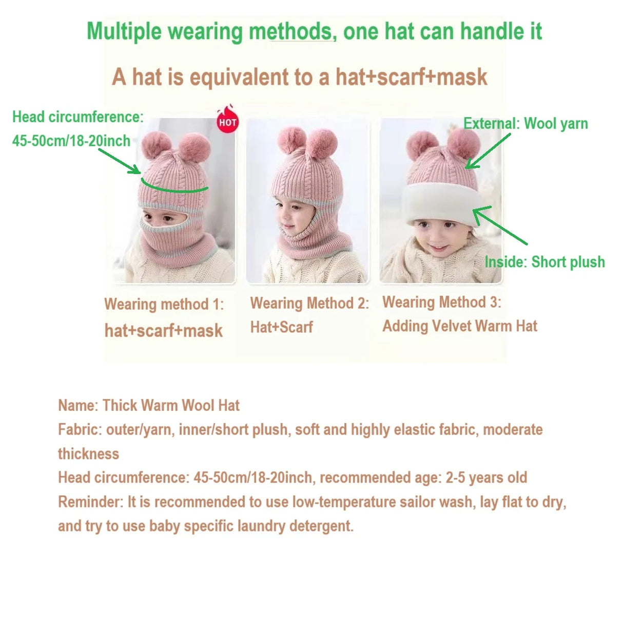 2-4year kid's knitted hat winter warm woolen hat  mask scarf one-piece