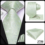 Hi-Tie Men Fashion Paisley Sage Green Necktie Handkerchief Cufflinks for Tuxedo Accessory Classic Silk Luxury Tie for Man Gift