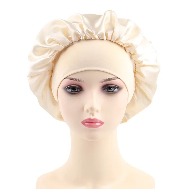Women's Satin Solid Elastic Wide-brimmed Sleeping Hat Unisex Head Wrap Elastic Band Cap Hair Care Bonnet Night Hat bonnet