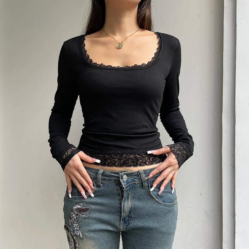 Sexy Black T-shirt Women Autumn New Lace Tees Fashion Streetwear O-Neck Casual Slim Long Sleeves T-shirt Female Versatile Top