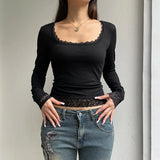 Sexy Black T-shirt Women Autumn New Lace Tees Fashion Streetwear O-Neck Casual Slim Long Sleeves T-shirt Female Versatile Top