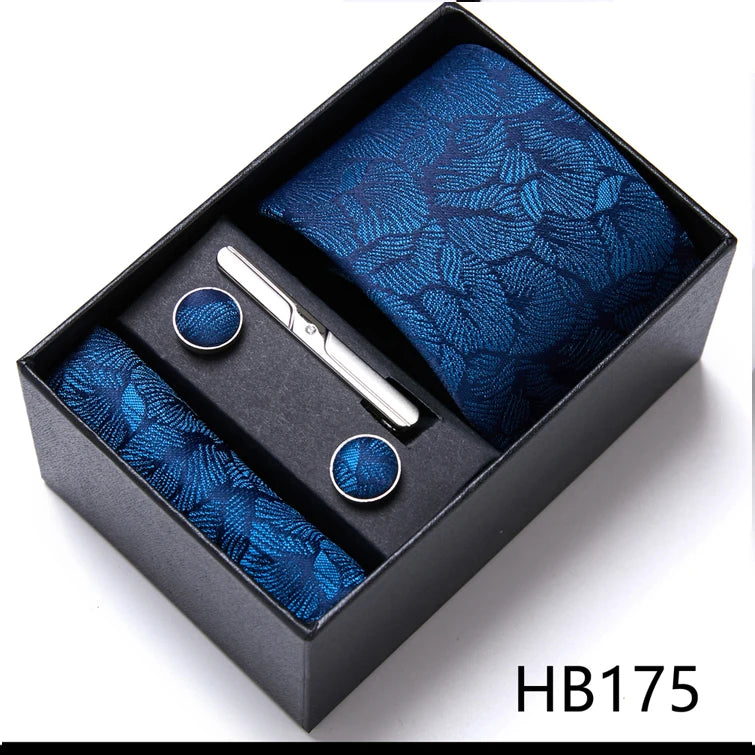 Brand Wholesale Tie Pocket Squares Cufflink Set Necktie Blue Striped Man Wedding Accessories Fit Workplace Holiday Gift Box