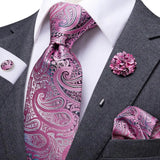 Paisley Pink Necktie With Brooch Silk Elegent Wedding Tie For Men Handky Cufflink Fashion Business Party Hi-Tie Designer