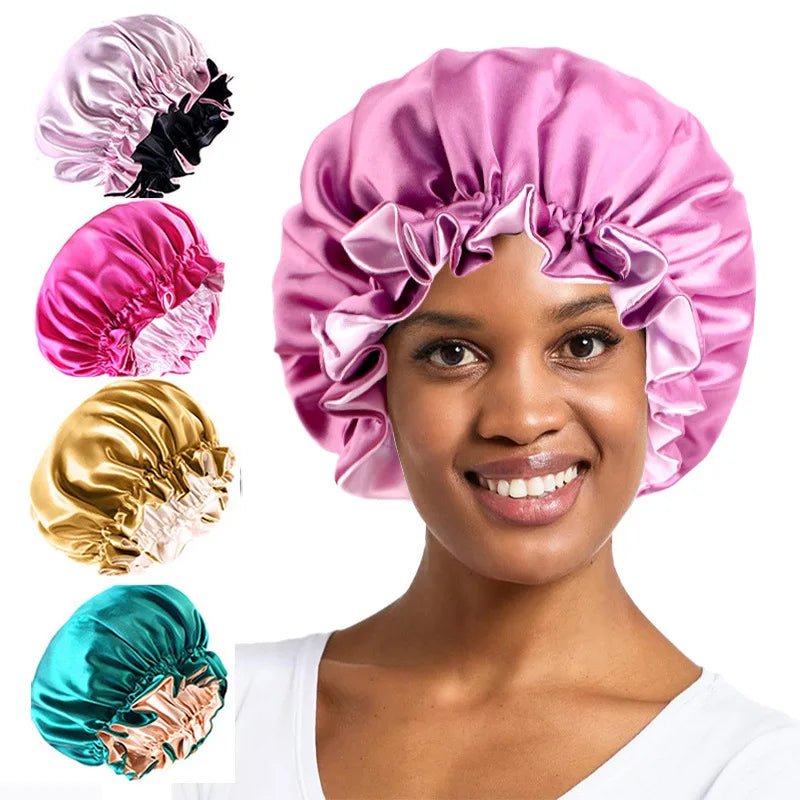 New Solid Elastic Double Layer Satin Bonnet Nightcap Women Night Sleep Hair Protection Hat Reversible Sleeping Hat Hair Care New