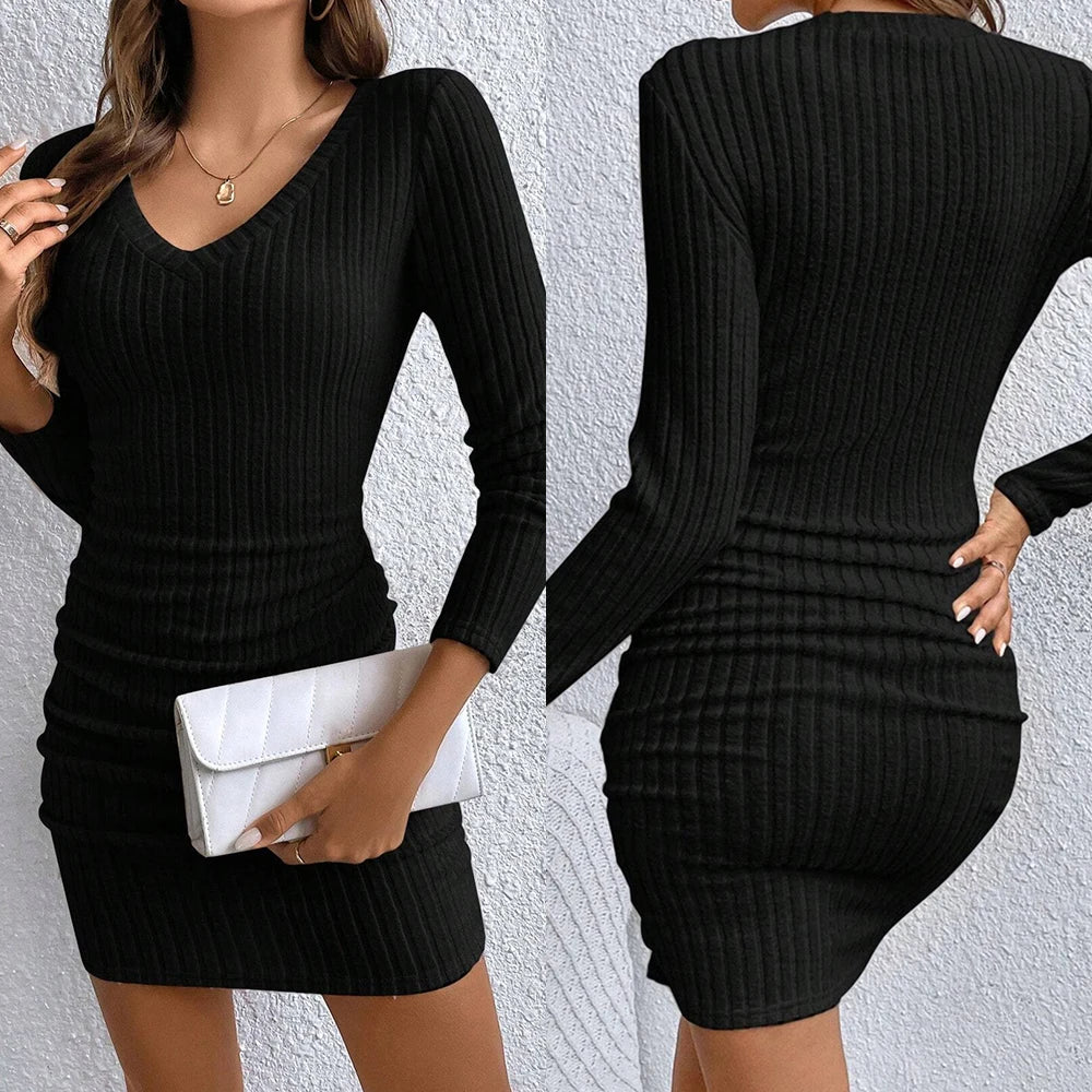 Mia Muse Women's Dresses Fall Winter Ribbed Knitted Slim Plain Sexy V-Neck Bodysuit Mini Casual Long Sleeve Short  Dresses