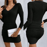 Mia Muse Women's Dresses Fall Winter Ribbed Knitted Slim Plain Sexy V-Neck Bodysuit Mini Casual Long Sleeve Short  Dresses