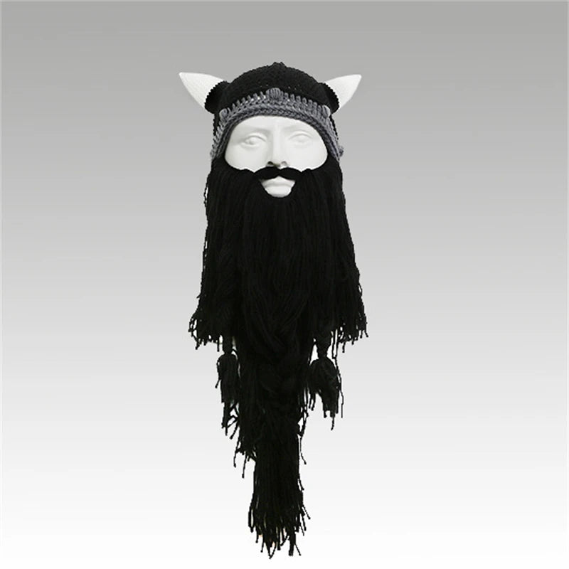 New Wig Beard Hats Viking Beard Beanie Horn Hat Winter Warm Mask Original Handmade Knit Helmet and Removable Beard Halloween Cap