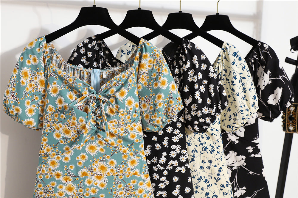Mini robes d'été pour femmes, mode féminine, imprimé floral, en mousseline de soie, froncée, manches courtes bouffantes, robe décontractée